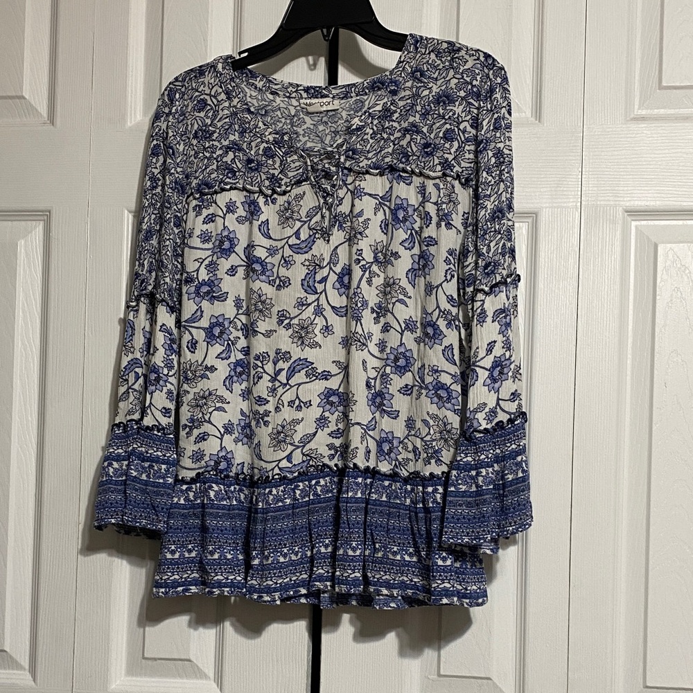 Westport gauze floral blue & white smock top blouse shirt top LARGE